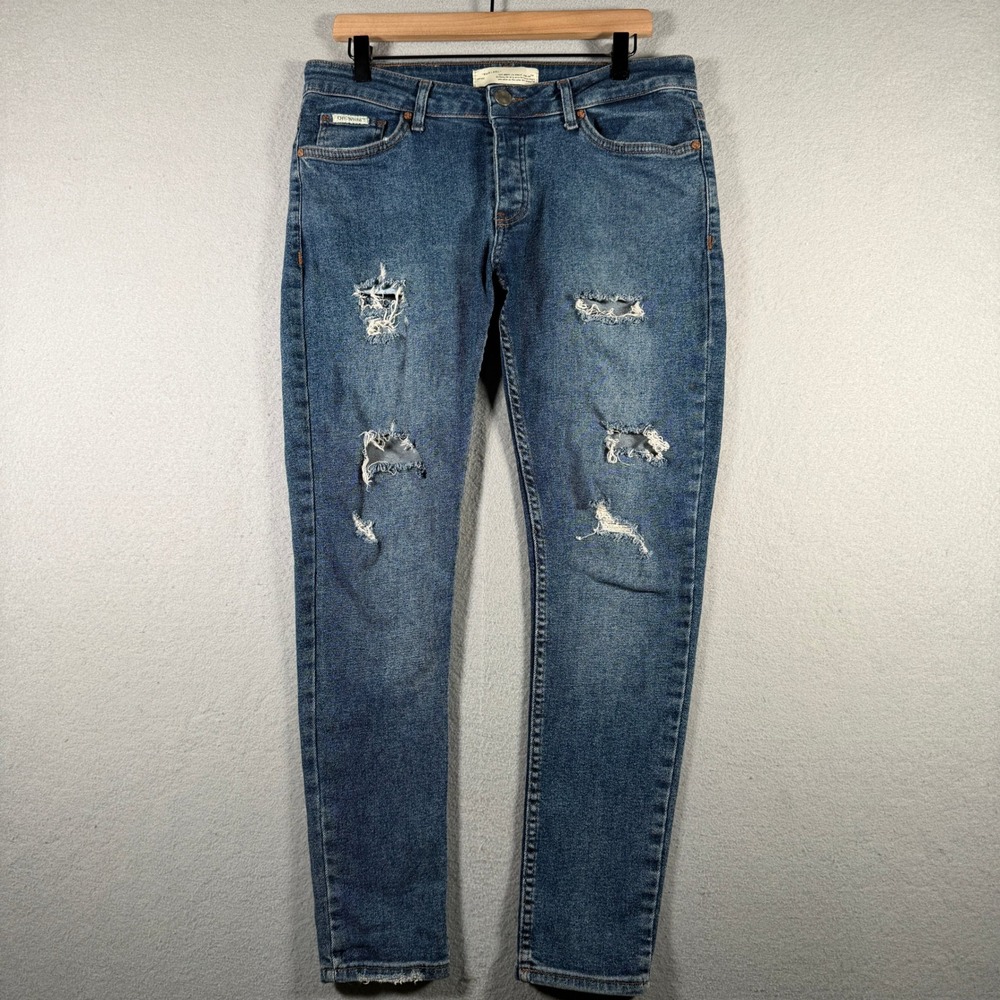 Off-White Virgil Abloh Mens Skinny Fit Distressed Blue Denim Jeans 34x28 9726